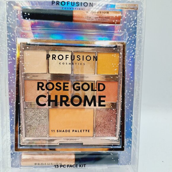 Profusion Rose Gold Glitter Chrome 13 Eyeshadow Palette Holiday Make Up Face Kit - Picture 1 of 8